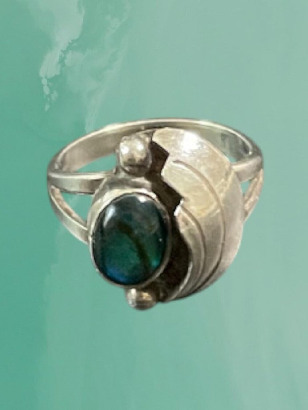 Vintage Navajo Sterling Silver Paua Shell Feather Ring, Size 5.5